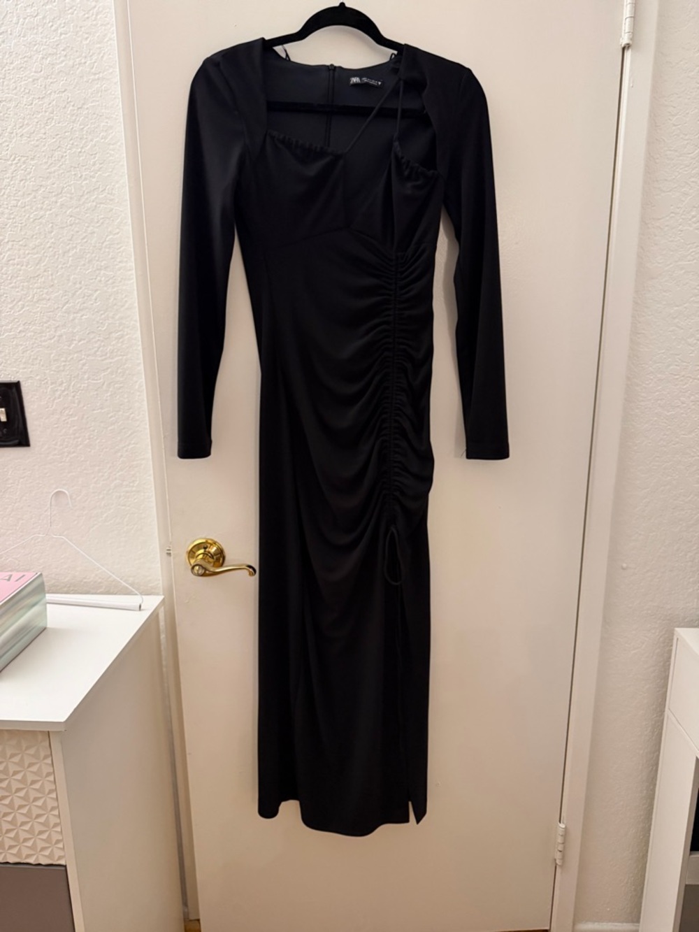 Zara Black Ruched Long-Sleeve Midi Dress